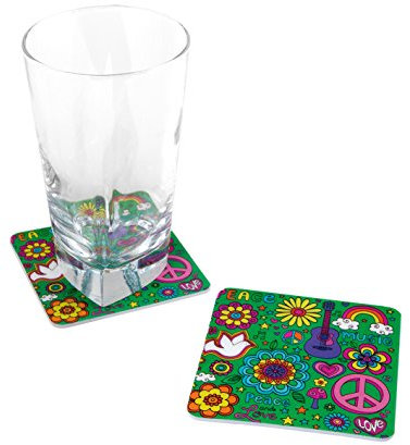TIB Heyne Flower Power Moosgummi-Glas-Untersetzer - Quadratisch, Mehrfarbig, 8,5 x 8,5 cm - 8 Stück/Paket