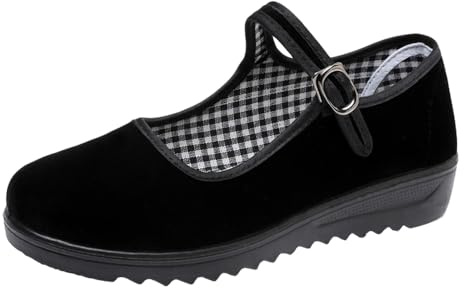 missfiona Black Velvet Mary Jane Shoes for Women China Dance Flat Old Beijing Cloth Walking Shoes(8.5, Black)