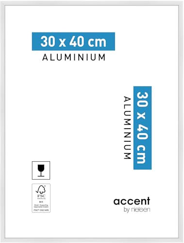 accent by nielsen Bilderrahmen, 30 x 40 cm, Aluminium, Weiß glanz, Fotorahmen zum Aufhängen im Hoch- & Querformat, Echtglas, Accent
