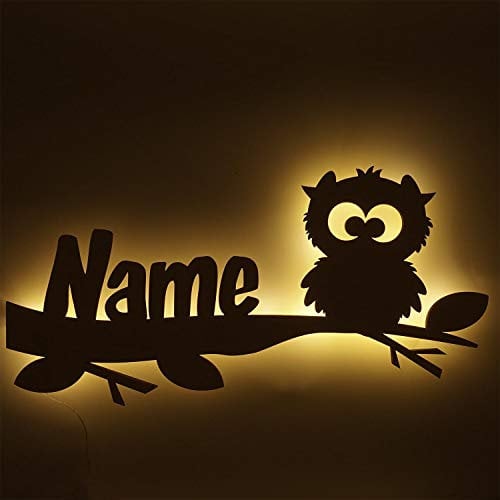 Nachtlicht Eule auf dem Ast mit Personalisierung | Taufgeschenk oder zur Geburt mit Namen des Kindes | Schlummerlicht mit Farb- und LED/RGB-Optionen