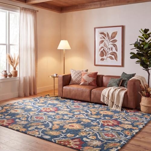 SAFAVIEH Blossom Collection Area Rug - 8' x 10', Navy & Multi, Handmade Wool, Ideal for High Traffic Areas in Living Room, Bedroom (BLM402A)
