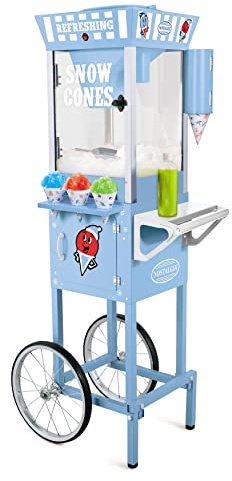 Nostalgia 137 cm hoher Schneekegelwagen, für 72 ICY Leckereien, inklusive Metallschaufel, 2 Sirupflaschen, 100 Pappbecher/Löffel, Ablagefach, Rollen für einfache Mobilität, Blau