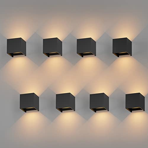 K-Bright 8 Stück LED Wandleuchten Innen/Außen 12W Wandlampe Auf und ab Einstellbarer Lichtstrahl, 3000K Warmweiß Außenwandleuchte IP65 für Wohnzimmer Schlafzimmer Balkon, Schwarz
