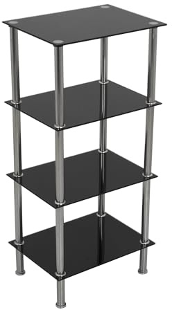 AVF S44 Square Shelving Unit - 4 Tier Black Safety Glass Shelves with Chrome Legs, Storage Unit, Display Shelving, 5kg Max Shelf Weight