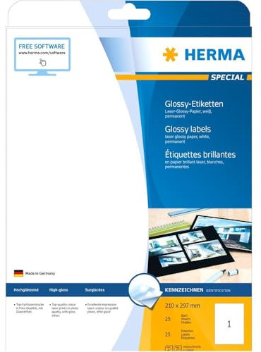 HERMA 4909 Hochglanz Etiketten, 25 Blatt, 210 x 297 mm, 1 pro A4 Bogen, 25 Stück, selbstklebend, bedruckbar, glänzend, blanko Glossy Papier Klebeetiketten Aufkleber, weiß