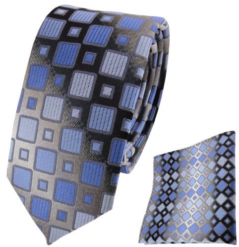 TigerTie Schmale Designer Krawatte + Einstecktuch blau hellblau silbergrau kariert