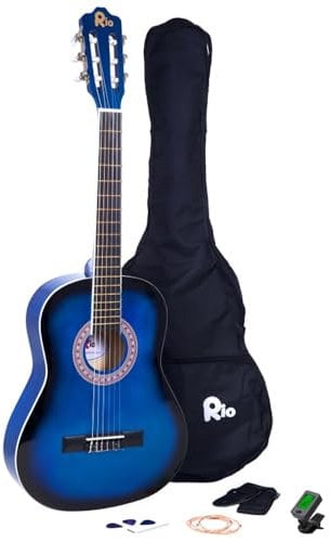 Akustikgitarre Rio Größe 3/4 für Kinder - Passend für 9–12 Jahre, inkl. Tasche, Gurt, Plektren, Stimmpfeifen 36'' blau
