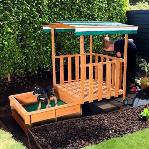 Melko Sandkasten mit Spielveranda, Abdeckung und Sonnenschutz für Kinder, aus Holz, 182 x 100 x 140, Sandbox mit Geländer, Dach grün weiß