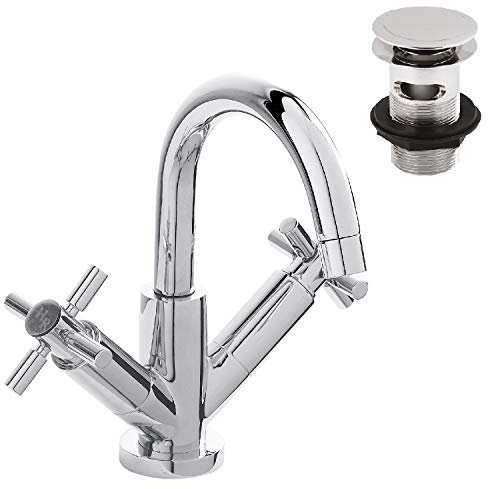 Hudson Reed TEX315 Tec Cross ǀ Modern Bathroom Minimalist Crosshead Handle Mono Basin Mixer Tap with Swivel Spout and Waste, 217mm x 230mm, Chrome