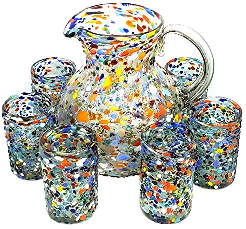 MexHandcraft Juego de 6 vasos de confeti de vidrio soplado grande de 12 onzas y 6 vasos para beber
