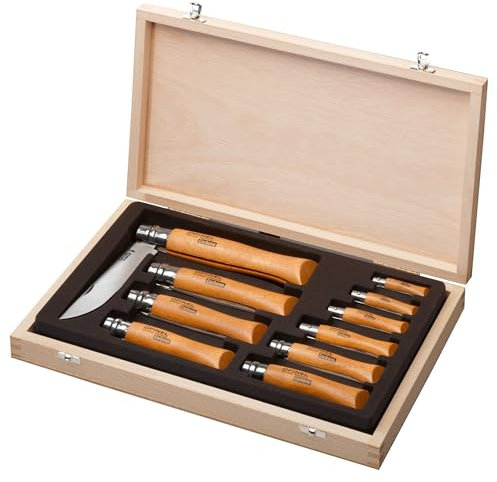 OPINEL - La Collection 10 Couteaux Collection Pliants N°02 à N°12 - OPINEL COFFRET en Chêne - Couteaux Acier au Carbone - Manche en bois de Hêtre