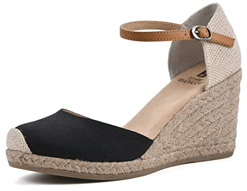 WHITE MOUNTAIN Women's Mamba Espadrille Wedge Sandal, Black/Fabric, 8 M