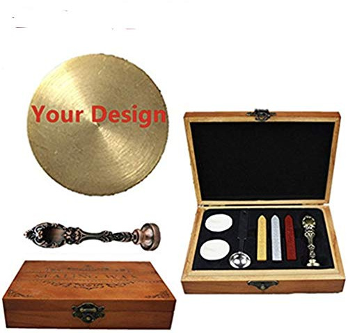 MNYR Red Brass Customized Picture Logo Monogram Letters Personalized Your design Wax Seal Sealing Stamp Wedding Invitation Metal Wax Sticks Candles Melting Spoon Wood Gift Box Set