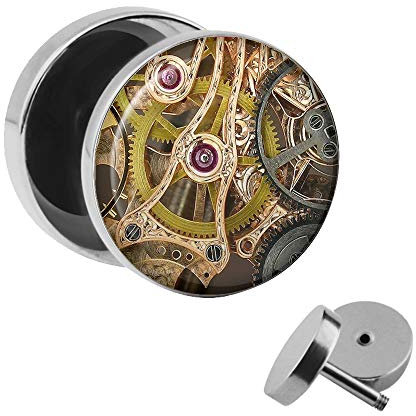 Treuheld | Ohrstecker zum Schrauben - UHRWERK - Motiv Fake-Plug Ø 10mm Silber - Uhr-Zeit Edel-Stahl Ohr-Ringe - Chirurgen-Stahl 316L Fake-Tunnel - Gewinde Ohr-Stecker