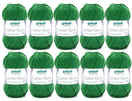Gründl Wolle Cotton Quick uni - dünne Wolle zum Häkeln - Strickgarn - Häkelgarn - Glänzend und hautfreundlich - 100 % Baumwolle - 10 Knäuel 50 g / 125 m - Nadelstärke 3 - 4 - Farn