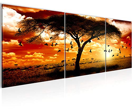 Runa Art - Bilder Afrika Sonnenuntergang 120 x 40 cm 3 Teilig Wandbild auf Vlies Leinwand Orange Mehrteilig Modern 001533c