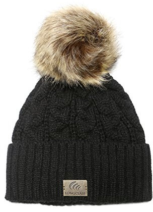 LONGCLASS Schwarze Elegante Bommelmütze Damen Elegance Mütze Frauen Wintermütze schwarz Wollmütze mit Bommel Damenmütze Strickmütze Pudelmütze schön Mädchen