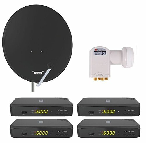Opticum Digitale 4 Teilnehmer Satelliten Komplettanlage (Opticum HD AX 150 Digitalreceiver , Quad-LNB, QA 80 cm Antenne, Alu Anthrazit)
