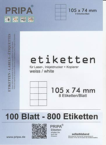 pripa Etikettenformat 105 x 74 mm - 100 Blatt / A4 selbstklebende Etiketten. Der Bogen ist aufgeteilt in 8 Etiketten = 2 Spalten je 4 Reihen