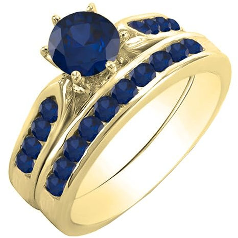 DazzlingRock Collection Damen 1,00 Karat Gold 14K Rund Blaue Saphir Brauen Verlobungsring Mit Passender Band 1 Ct 6.5