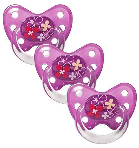 dentistar Silikon Schnuller 3er-Set - Größe 3, ab 14 Monate - Zahnfreundlicher Nuckel mit Dentalstufe – BPA-frei - Made in Germany - Blumen, Lila