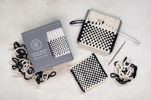 Harrisville Designs Friendly Loom 50th Anniversary Traditional 7 Potholder Loom Kit with Black and Winter White Cotton Loops Make 4 Potholders, Weaving Crafts for Kids & Adults, Made in The USA
