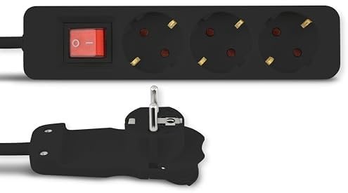 REV Steckdosenleiste SMART - Mehrfachsteckdose 3-Fach mit Flachstecker & beleuchtetem Schalter zum Stromsparen, Kabel 2m, max. 3680W, schwarz