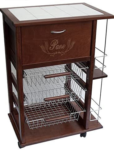 Maslegno Vesuvio - Carrello da cucina con cassetto per pane e portabottiglie noce