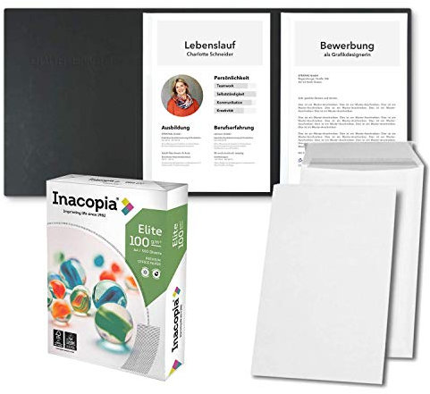 Bewerbungsset // 10 Stück 3-teilige Bewerbungsmappen Schwarz + 250 Blatt 100 g/m² Premium Bewerbungspapier + 10 Stück B4 Versandtaschen in Weiß - Das ultimative Bewerbungsmappen-Bundle - All inkl.