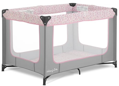 Dream On Me Zodiak Baby Playard, Breathable Mesh Sides, Soft Comfortable Mattress, Quick & Easy to Fold with Travel Carry Bag, Compact Space Saving Design - Grey & Pink