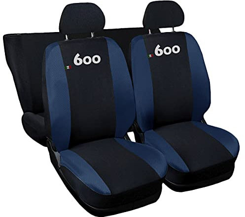 Lupex Shop Coprisedili auto compatibili con 600 Seicento, Nero/Blu scuro, Made in Italy, tessuto poliestere, set sedili completi anteriori e posteriori
