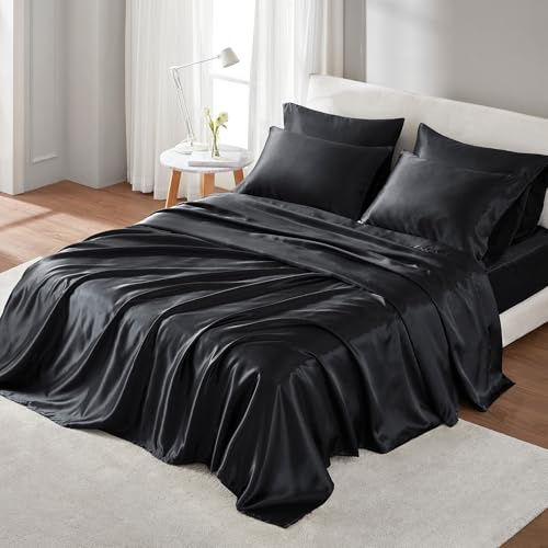 Madison Park Essentials Satin Sheets Cal King Size Bed Set, 6 Piece, Black