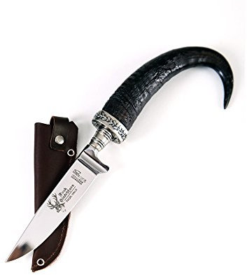 Almbock Trachtenmesser aus echter Gamskrucke - exclusives Jagd-Messer, Klinge aus Solinger Stahl, Schmuckstück, echt versilbert, Leder-Messerscheide