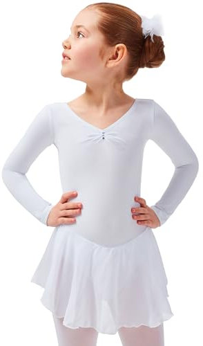 tanzmuster ® Ballettkleid Mädchen Langarm - Anna - aus weichem Baumwollstoff mit Glitzersteinen und Chiffon Röckchen fürs Kinder Ballett Ballettbodyin weiß, Größe:152/158