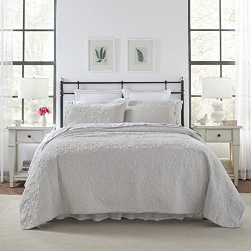 Laura Ashley - Felicity Collection - Quilt Set - 100% Cotton, Reversible, All Season Bedding with Matching Sham(s), Pre-Washed for Added Softness, Queen, Soft Grey