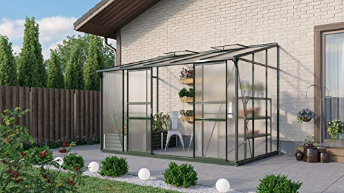 Gartenwelt Riegelsberger Anlehngewächshaus Ida - Ausführung: 6500 HKP 6 mm dunkelgrün, Fläche: ca. 6,5 m², mit 2 Dachfenster, Sockelmaß: 1,90 x 3,17 m