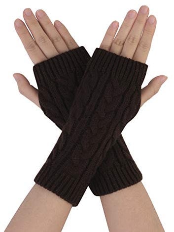 sourcing map Damen gerippte Armstulpen Dehnbar Elastisch Handgelenkslänge Daumen Winter Gestrickte Fingerlose Handschuhe Dunkelbraun One Size