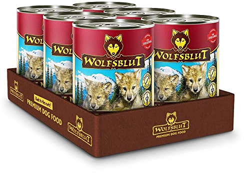 WOLFSBLUT – Blue Mountain Puppy | Nassfutter mit natürlichen Zutaten und wertvollen Superfoods für heranwachsende Hunde. Getreidefreies Alleinfutter ohne Zusatzstoffe in der Dose | 6x395g Wild