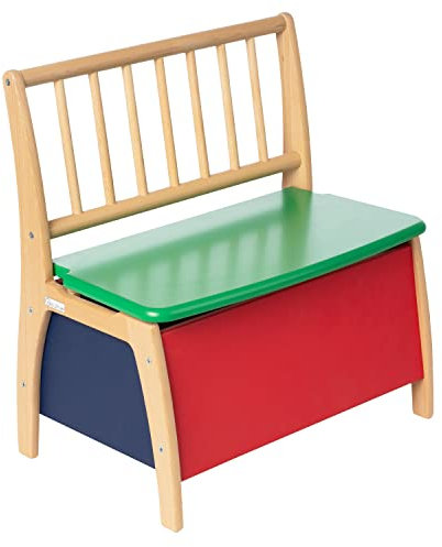 Geuther Truhenbank Bambino Sitzbank mit Stauraum Spielzeugkiste aus massivem Holz Sitztruhe mit Deckelbremse Kindgerechte Farben Ideales Kinderzimmerzubehör bis 6 Jahre Bunt