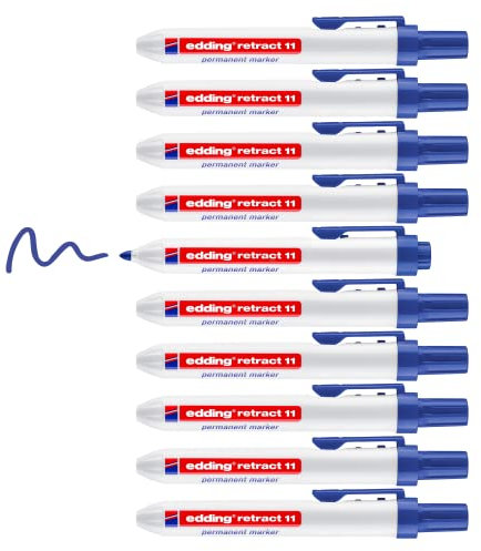 edding retract 11 Permanentmarker - blau - 10 Stifte - Rundspitze 1,5-3 mm - wasserfest, schnell-trocknend - Permanentmarker für einfache Einhandbedienung - für Karton, Kunststoff, Holz, Metall, Glas