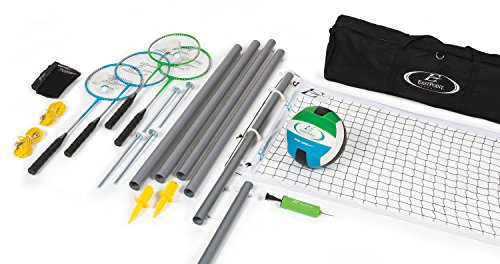 EastPoint Sports Deluxe-Volleyball-Badminton-Netz-Set – aus wetterfestem Material und Einer kompletten Aufbewahrungstasche – enthält 1 Volleyball, 4 Badmintonschläger und 2 Badminton-Federbälle
