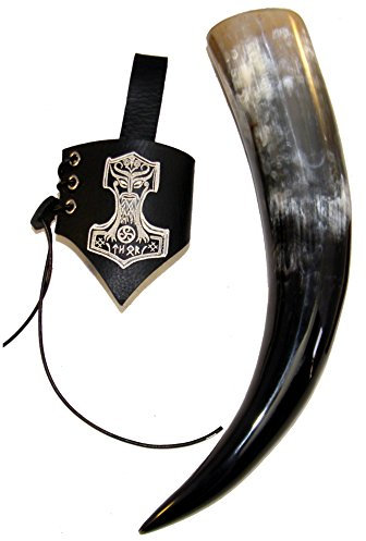 Wolfszeit Trinkhorn 0,4l mit graviertem und bemalten Hornhalter Thors Mjölnir …