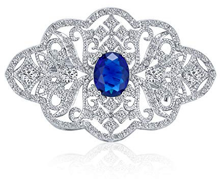 Déclaration Épingle Broche De Style Déco Bleu Royal Pavé De Cz Filigrane Saphir Simulée Pour Femmes Pour Femmes Laiton Plaqué Argent