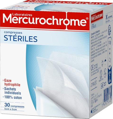 MERCUROCHROME - Compresses stériles - 100 % Coton - Boîte de 30 Compresses Douces et Absorbantes - Sachets individuels - Adaptées pour le Nettoyage et le Recouvrement des Plaies
