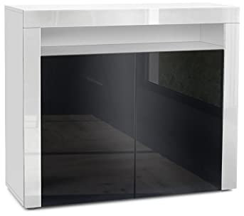Vladon Buffet Valencia, Commode avec 2 Portes et 1 Compartiment Ouvert, Blanc Mat/Noir Haute Brillance/Blanc Haute Brillance (108 x 92 x 40 cm)