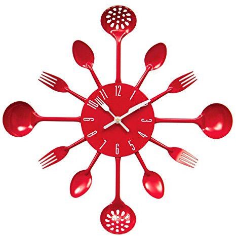 PH Kitchen Cutlery Wall Clock Spoon Fork Ladle Utensil 9 Funky Colour Clocks (Red)