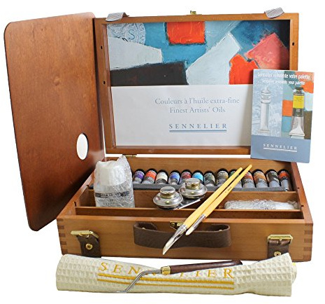 Sennelier Artist Oil Paint Wooden Box Set 12x 40ml Tubes, Palette, Brushes, Cloth