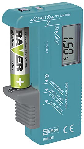 EMOS UNI Batterietester, Akkutester, Batterieprüfergerät, Digital mit LCD Display, für AA, AAA, C, D, 9 V, Knopfzellenbatterien