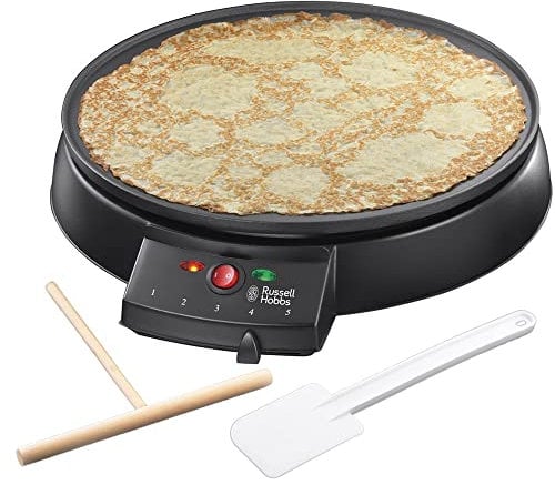 Russell Hobbs Crepera Eléctrica Fiesta - Revestimiento Antiadherente, Diámetro 30 cm, Temperatura Regulable, Incluye 2 Utensilios para Hacer Crepes, 1000 W, Negro - 20920-56