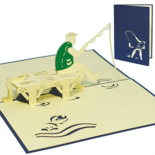 LINPOPUP® Pop-Up Karte Reise – Angler, 3D Grußkarte zum Urlaub, Geburtstag, Abschied oder für Urlaubsgeld, Angelschein, Ruhestand, als Geldgeschenk, Angel, N105